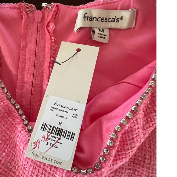 Francesca's Pink Tweed Rhinestone Trim Mini Dress Crystal Button Barbiecore M - Picture 7 of 10